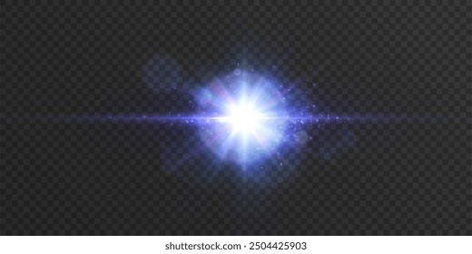 Bright blue light effect. Bright lens flare. Blue glow effect. Starry flares with shimmering highlights. Beautiful shimmering lens flare light effect. Vector 10 EPS	
