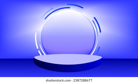 Bright blue light effects behind copy space circle frame and presentation platform showcase background.