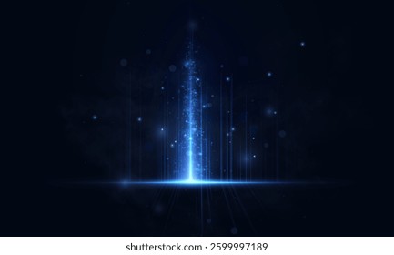 Bright blue light explosion with rays and glare vertical laser beam glow. Abstract light effect for background and design.