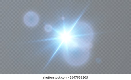Explosão de luz azul brilhante com raios e halo. Feixe azul brilhante em forma de flash com efeito de lente e brilho em um fundo transparente.
