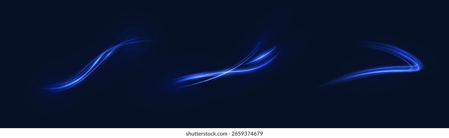 A luz azul brilhante flui em um plano de fundo escuro com curvas suaves e brilho brilhante. Luz brilhante do vetor Efeito de velocidade e movimento no escuro para design e ilustrações.