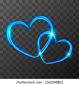 Bright blue light traces in two crossed hearts shape with magic light and sparkles, love concept on transparent background