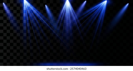 Bright blue lighting with spotlights. The spotlight shines on the stage, podium. Spot lighting of the scene. Lens flare effect from lamp or spot