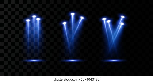 Bright blue lighting with spotlights. The spotlight shines on the stage, podium. Spot lighting of the scene. Lens flare effect from lamp or spot