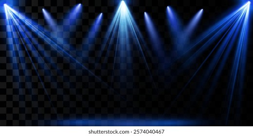 Bright blue lighting with spotlights. The spotlight shines on the stage, podium. Spot lighting of the scene. Lens flare effect from lamp or spot