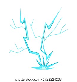 Hellblauer Blitz, der einen mächtigen Stromschlag bildet und ein Konzept von Energie, Macht, Naturphänomen, Gefahr und Meteorologie auf weißem Hintergrund demonstriert