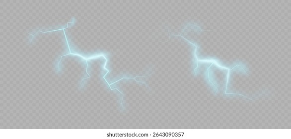 Raio azul brilhante com brilho elétrico e forma ramificada em fundo transparente. Adequado para choque elétrico, energia ou efeitos de ficção científica.