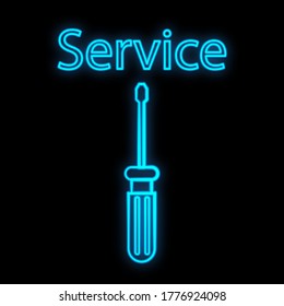 Bright blue luminous industrial digital neon sign for shop, workshop service center.  Beautiful shiny screwdriver for repair on a black background. Vector illustration.