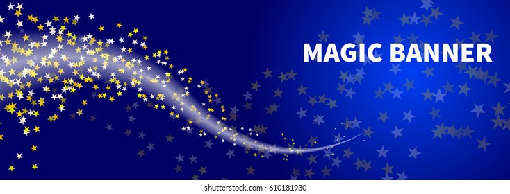 Bright blue magic christmas winter night banner with gold stars. Template for cards, flyers, invitations with flow of blizzards. Vector illustration.