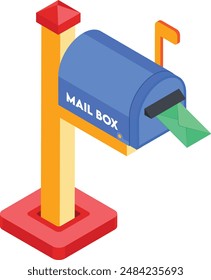Ein hellblauer Briefkasten mit einem grünen Umschlag, der teilweise in den Steckplatz eingesetzt ist. Der Briefkasten sitzt auf einem Metallpfosten.