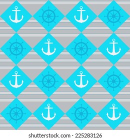 Bright blue nautical seamless pattern with anchor and ship wheel
