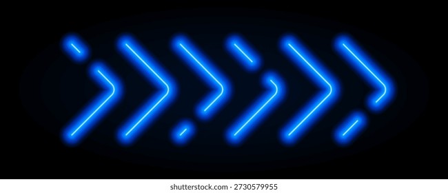 Bright blue neon arrow element. Glowing led direction sign. Shine tube lamps in arrowhead shape. Luminous fluorescent pointer effect for banner, poster, logo. Vector neon led light illustration
