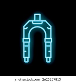 Bright blue neon bicycle fork glowing on black background, concept of cycling and bike repair service