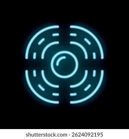 Bright blue neon circle glowing with concentric rings on a black background, perfect for technology and futuristic designs