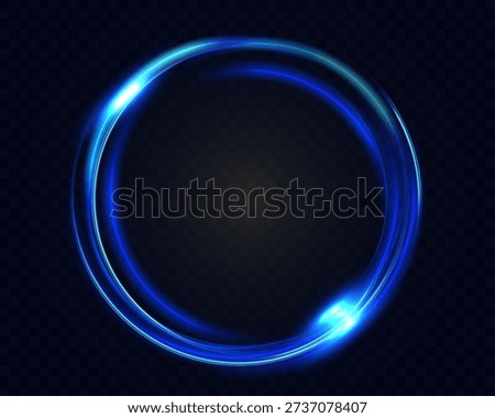 Bright blue neon circular light frame with glow and motion trails on dark opaque background, futuristic energy ring effect.