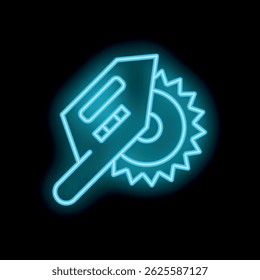 Bright blue neon circular saw glowing on dark background, concept for carpentry, construction or diy