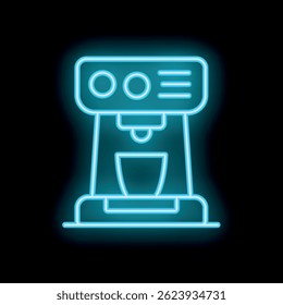 Bright blue neon coffee machine glowing on dark background