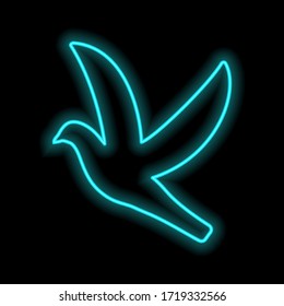 Bright blue neon dove flies. Brick wall. Vector illustration