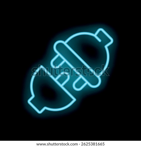 Bright blue neon electric plug connecting to socket on black background, concept of electric power