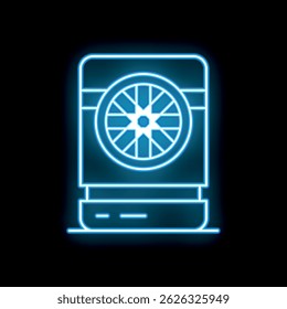 Bright blue neon external hard drive icon glowing on black background