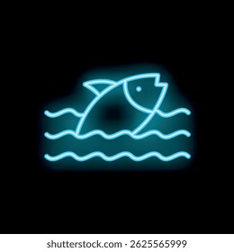 Bright blue neon fish jumping out of water icon on black background