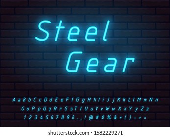 tipografía de neón azul brillante estilo técnico con resplandor transparente en un fondo de ladrillo. colección de letras numerales iconos signos símbolos para publicidad diseño gráfico web