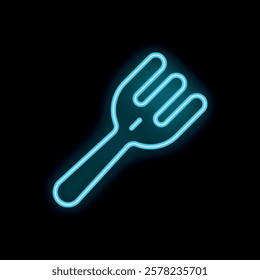 Bright blue neon fork glowing on black background, great for restaurant, food critic, diner, or food blog