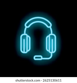 Fone de ouvido neon azul brilhante brilhando sobre um fundo escuro, simbolizando o serviço ao cliente e assistência on-line