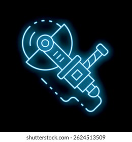 Bright blue neon icon of an angle grinder cutting a metal surface, on a black background