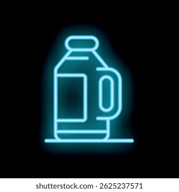 Bright blue neon icon of a bottle with handle, suitable for a liquid product, glowing on a dark background