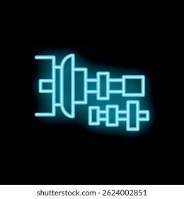Bright blue neon icon of a camshaft glowing against a dark background