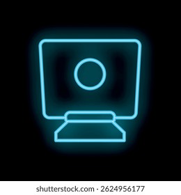 Icono de neón azul brillante de un monitor de computadora que muestra un círculo, establecido contra un fondo oscuro