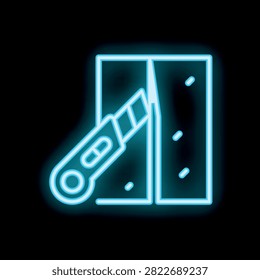 Bright blue neon icon depicting a utility knife cutting a piece of drywall