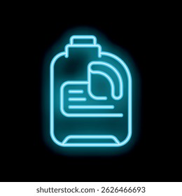Bright blue neon icon of a detergent bottle glowing on a black background