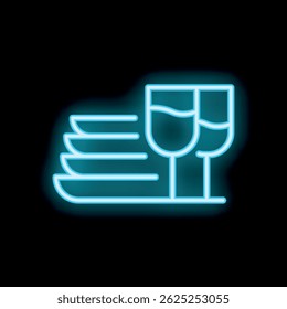 Bright blue neon icon of dishes and wine glasses glowing on black background