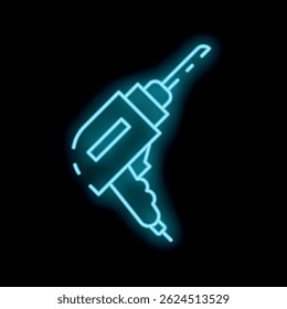 Bright blue neon icon of a drilling machine on a black background, perfect for representing construction or diy projects