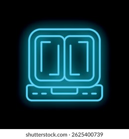 Bright blue neon icon of electric appliance for making hot sandwiches glowing on dark background