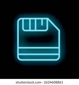Bright blue neon icon of a floppy disk glowing against a black background