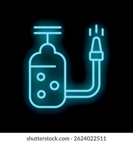 Bright blue neon icon of a garden pump spraying water, set on a black background