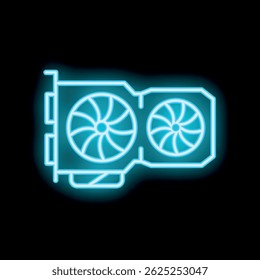Bright blue neon icon of a powerful gaming video card with two cooling fans, isolated on black background