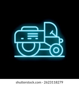 Bright blue neon icon of a road roller is glowing on a dark background
