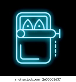 Bright blue neon icon of a sardine can, glowing on a black background