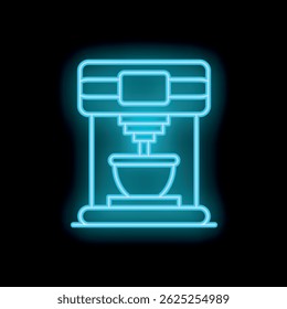 Bright blue neon icon of a stand mixer glowing on a black background