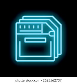 Bright blue neon icon of three stacked micro sd memory cards glowing on a black background