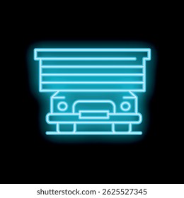 Bright blue neon icon of a tipper truck glowing on a black background