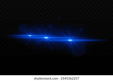 Bright blue neon light with glare and lens flare effects. Three focused light beams with radiant glow and bokeh particles on a dark background