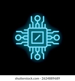 Bright blue neon microchip glowing on a black background representing digital technologies