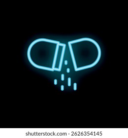 Bright blue neon open pill pouring out its contents on a black background