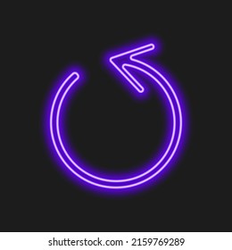 Bright blue neon repeat arrow on dark background. Lightning symbol of refresh, restart, exchange, rotation. Vector realistic illustration.