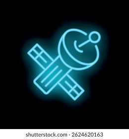 Bright blue neon satellite icon glowing on dark background, futuristic space exploration concept